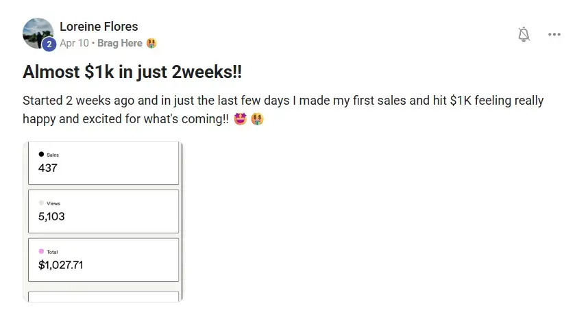 Loreine's dashboard showing 1,027 dollars after two weeks