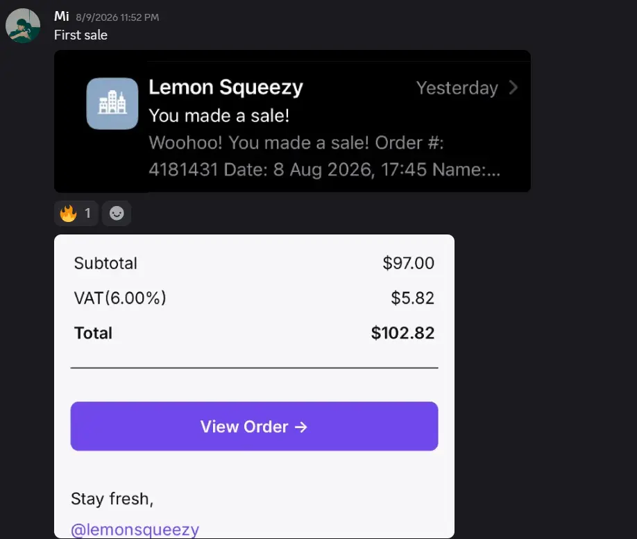 Mi sharing a first 102 dollar and 82 cent Lemon Squeezy order